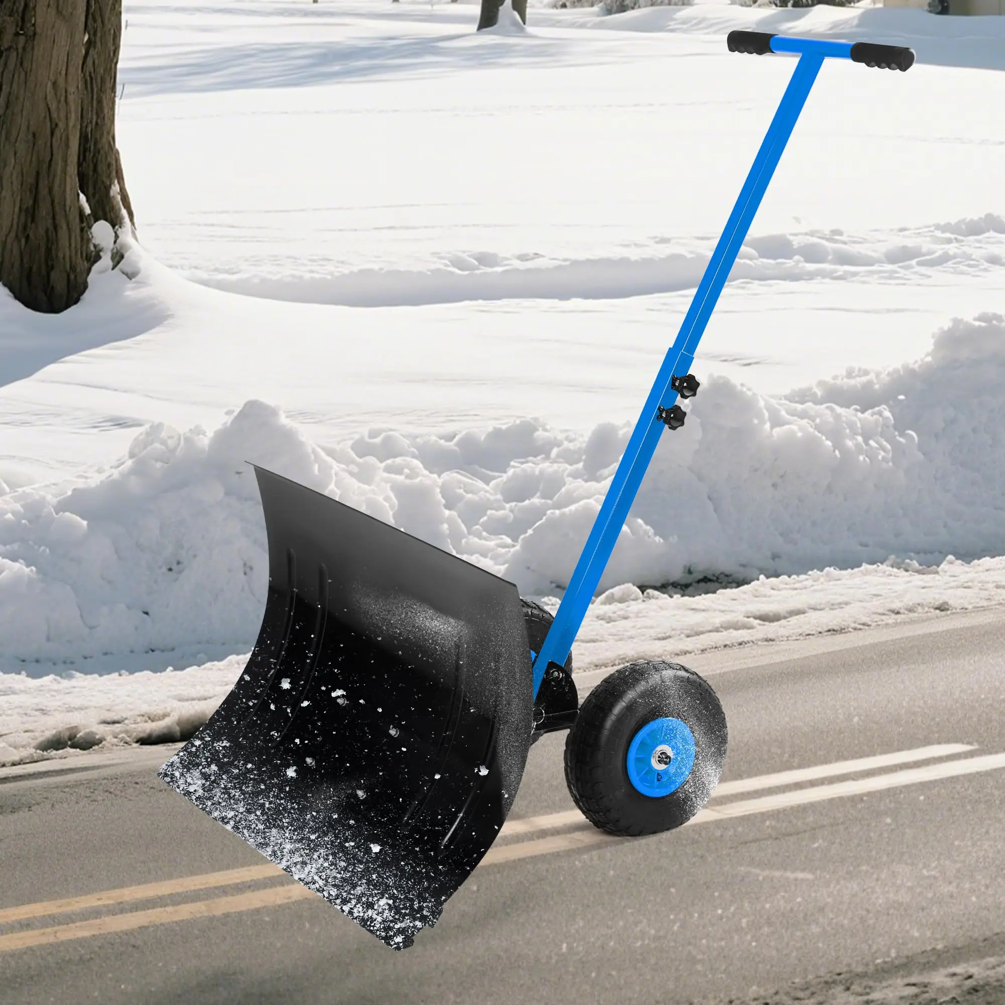 Wheeled Snow Shovel with Adjustable Handle, Carbon Steel Snow Pusher for Driveway, 19.3 in Blade, Blue