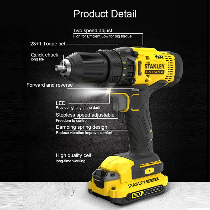 Stanley Cordless Electric Drill Light Duty 20V SCD700 50Nm 1900rpm Double Adjustable Speed Brushless PowerShare Battery Platform