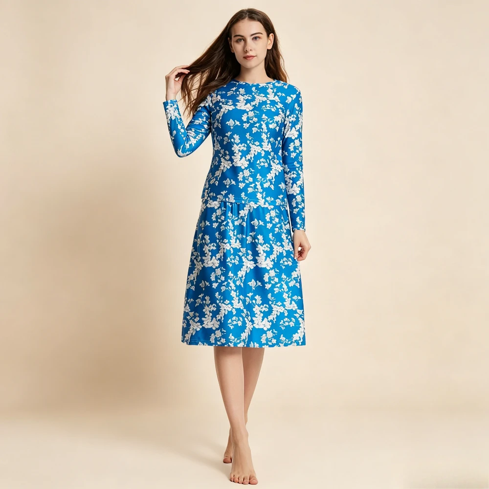 3PCS Floral Print Burkini Swimwear Long Sleeve Modest Tunic Top with A-Line Skirt Full UPF50+ Muslim Bathing Suit Beach Swimwear