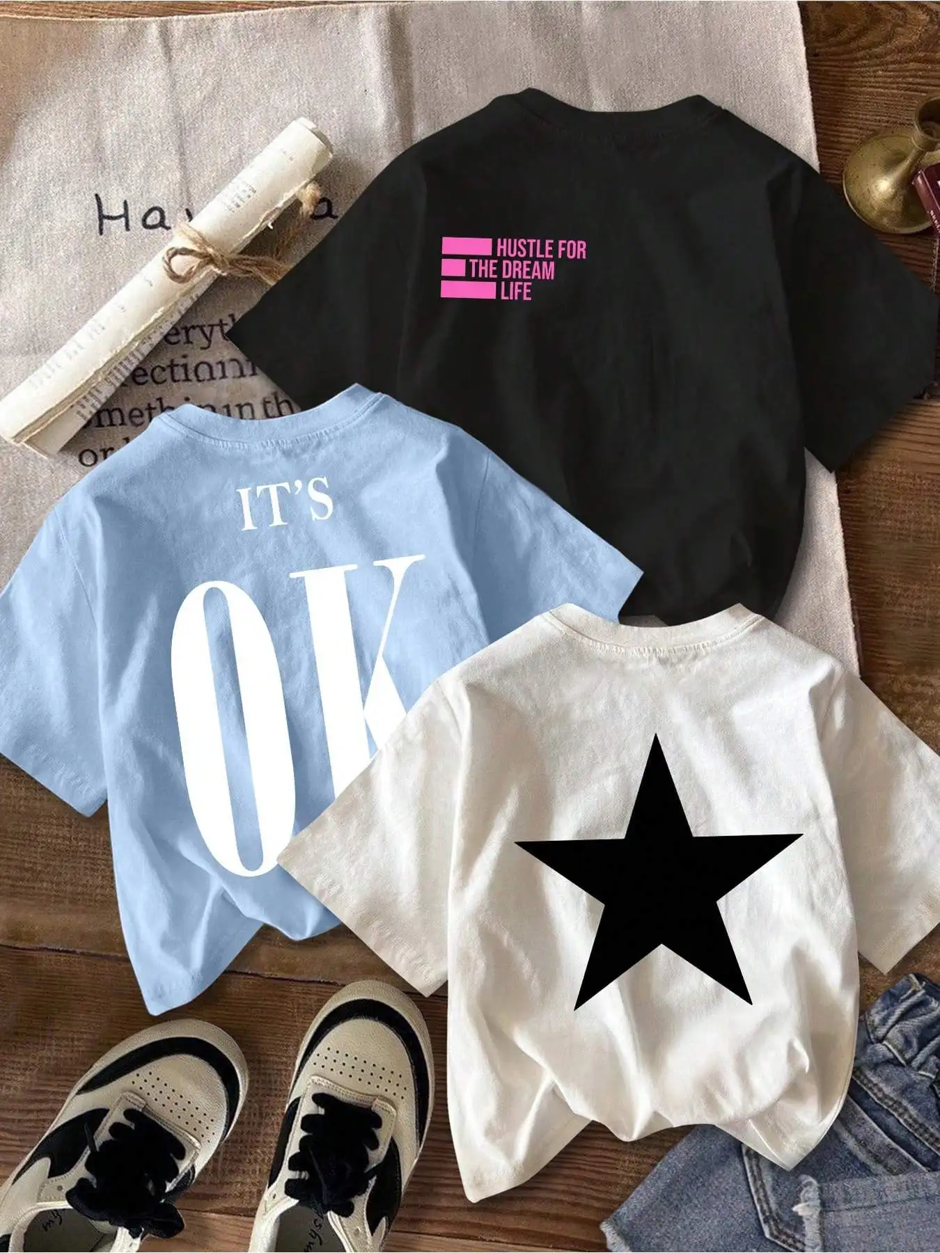 3PC-2026 Casual and Elegant Spring/Summer Solid Color Round Neck T-shirt Pattern Printed Top Three Colors Three Piece Set