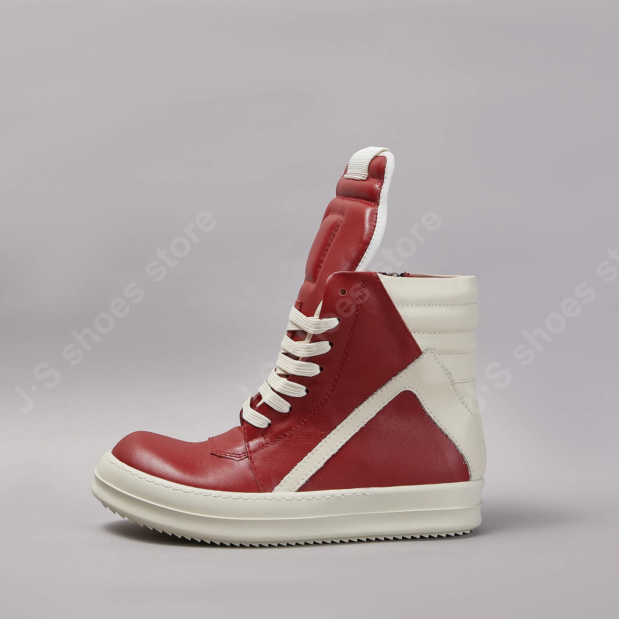 

Brand Rick Men Shoe Casual Women Sneaker Red Leather High Top Shoes Lace up Geobasket Owens ZIP Ankle Boot Designer Flat Shoe