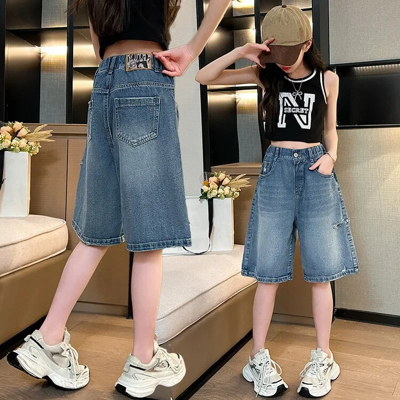 

Teens Girls' denim Half Pants 2024 Summer Western-style holed shorts Girls Casual Solid Color Children Knee Length Pants