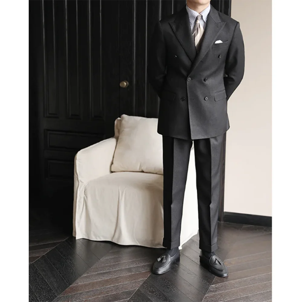 Elegant White Black Brown Suits for Men Double Breasted 2 Piece Jacket Pants Male Clothing Business Gentleman Blazers Sets