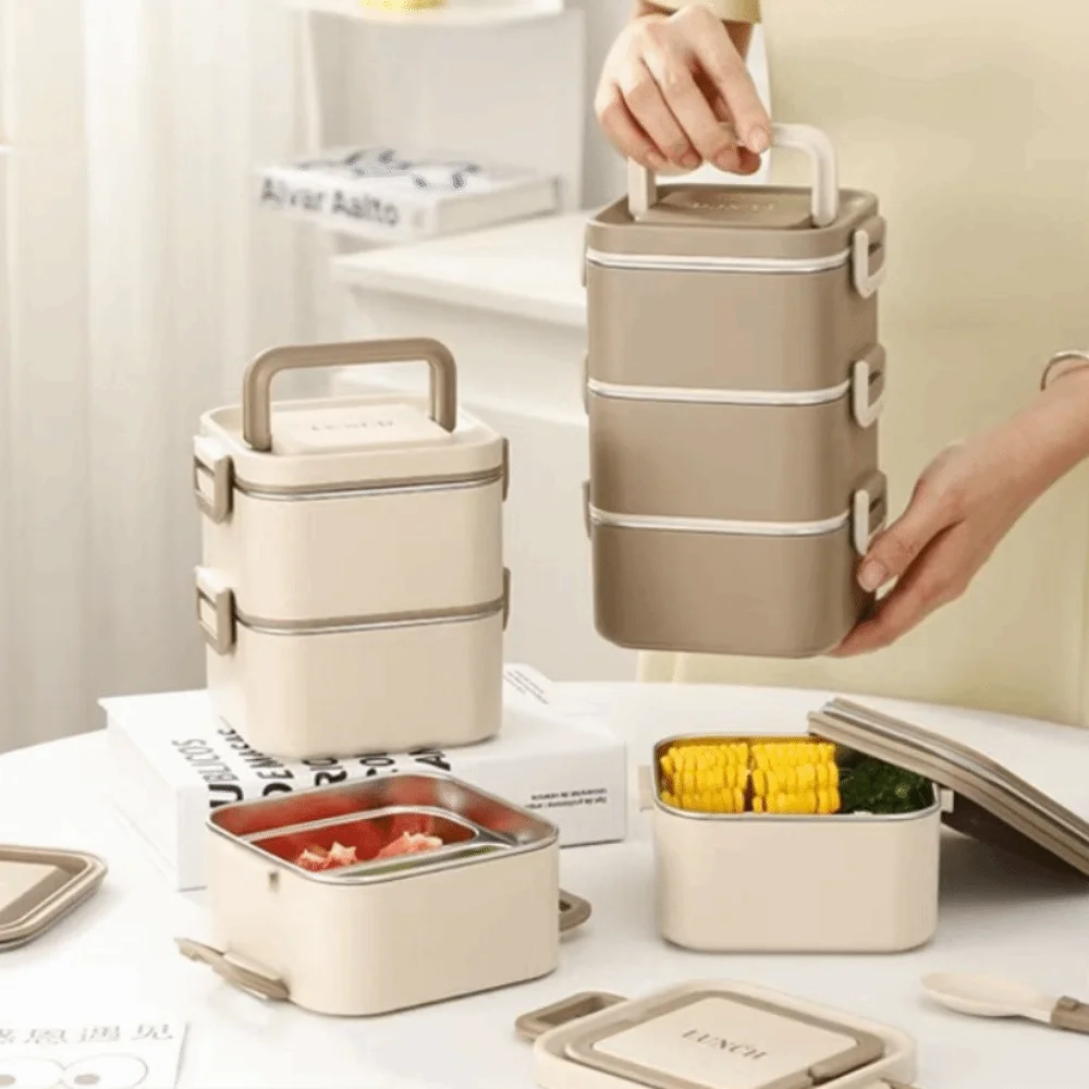 

304 Stainless Steel Square Lunch Box Leakproof Detachable Lunch Container with Spoon Airtight Lid Food Storage Box Microwaveable