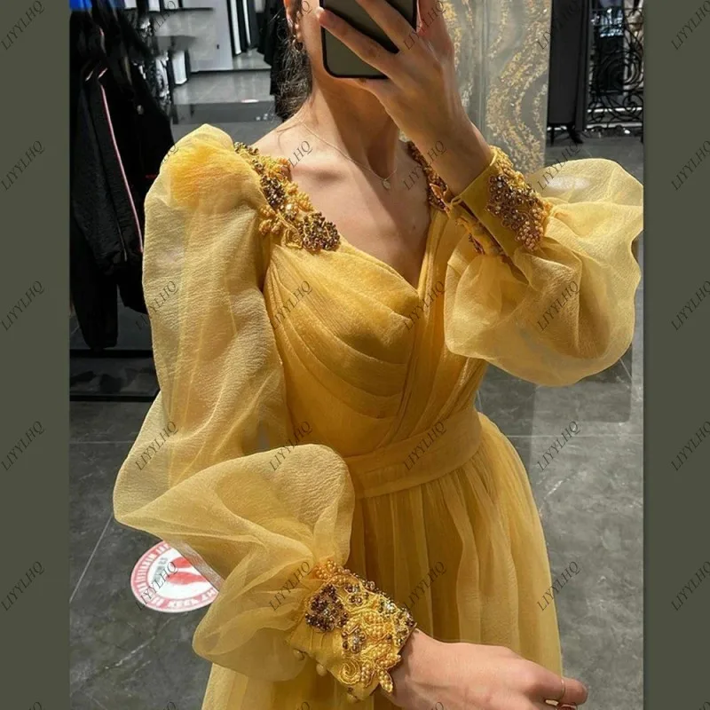 LIYYLHQ Yellow Puffy Long Sleeve Prom Dresses Straight Sweetheart Organza Floor Length Sweep Train Special Occasion Vestidos