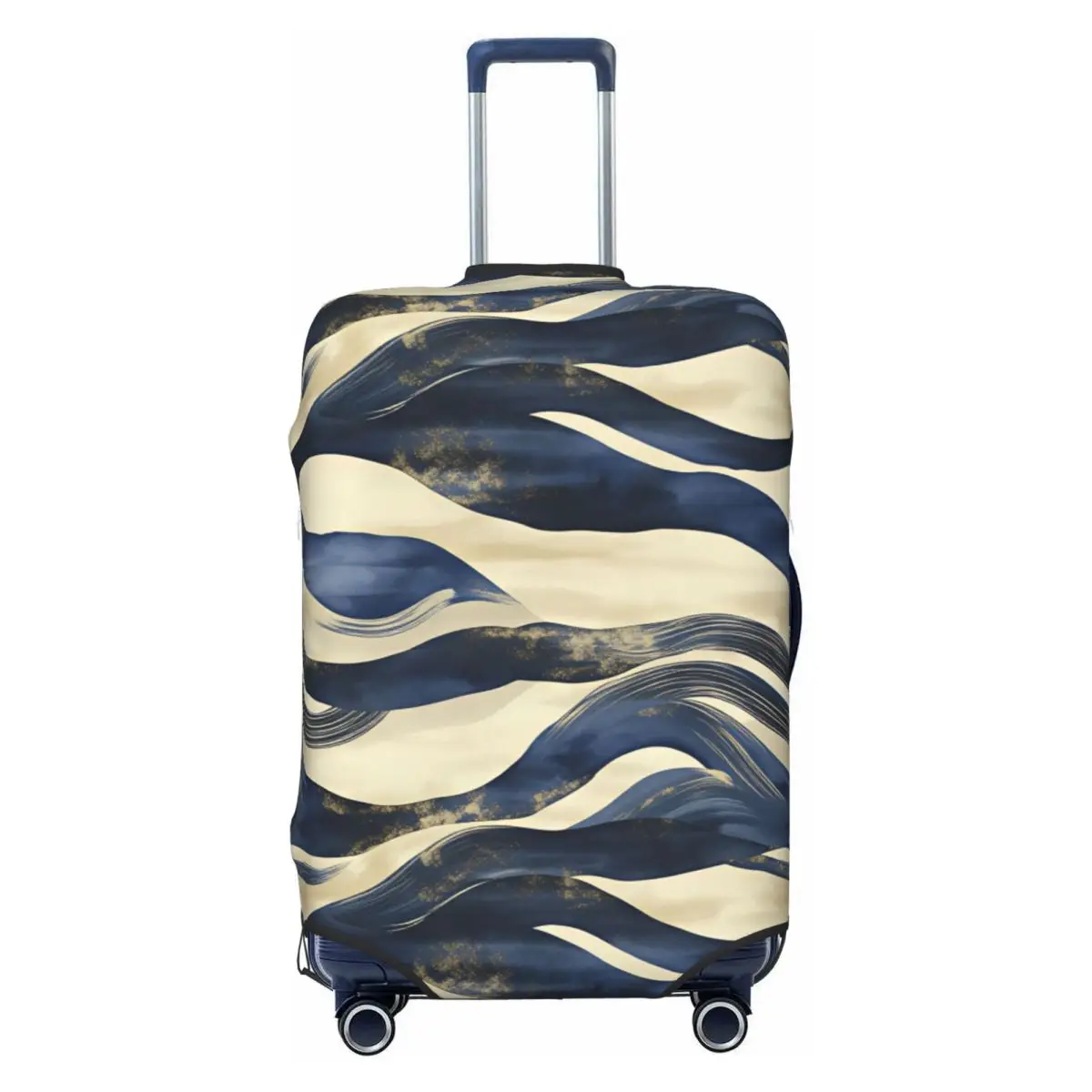 Watercolor Nautical Navy & Gold Wave Pattern Travel Luggage Cover Elastic Suitcase Cover Protector Fit 18-32 Inch