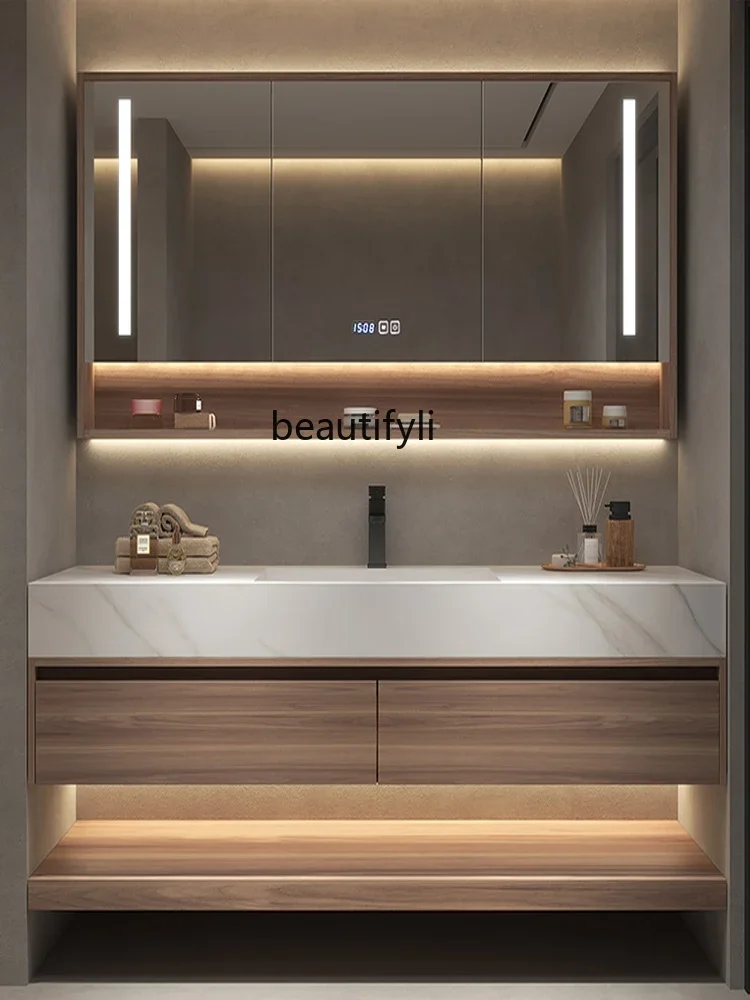 Modern Minimalist Bathroom Stone Plate Seamless Ceramic Whole Washbin Bathroom Cabinet Inter-Platform Basin Combination