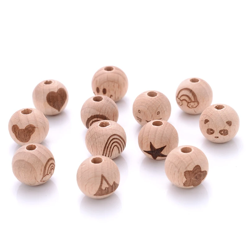 16mm 10Pcs Beech Beads Wooden Teether Rainbow Animal Two-sided Printed Round Teether Beads for Pacifier Teething Necklace Chain