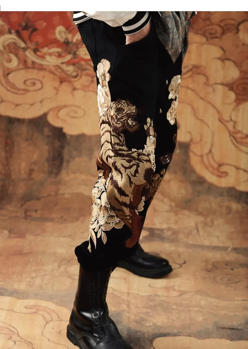 الفاوانيا النمر الرجال الفتيان حجم كبير العمل الثقيل التنين المطرزة السراويل كامل طول السراويل #6