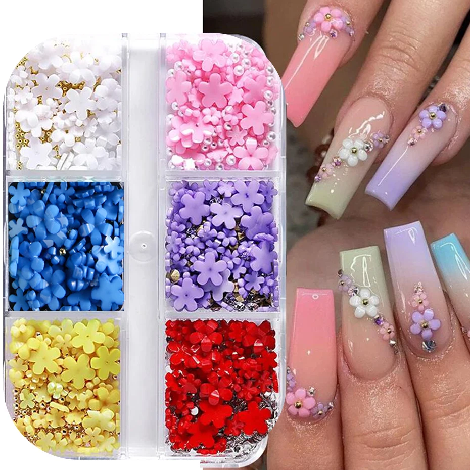 6 Grids Macaron 3D Resin Five-petal Flowers Nail Art Deaoration Mixed Small Nail Ball/Crystal/Flamer Accessories