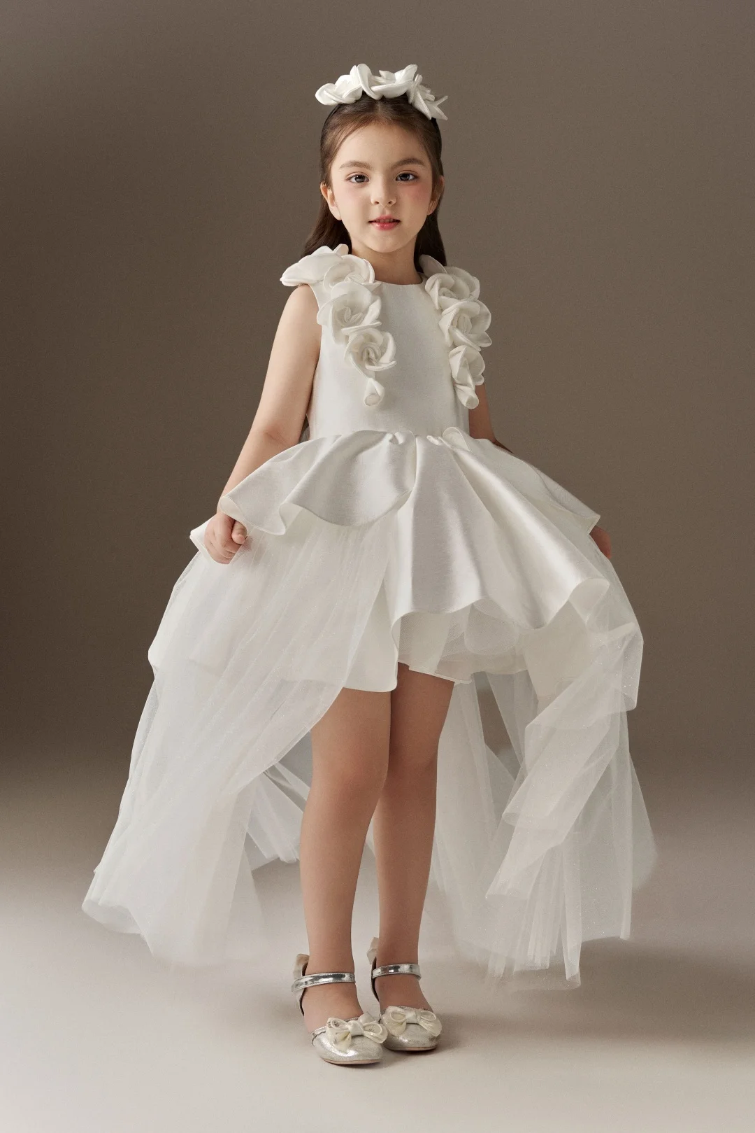 Princess White Custom Flower Girl Dress For Wedding Satin with Detachable Train Kids Birthday Party First Communion Gown