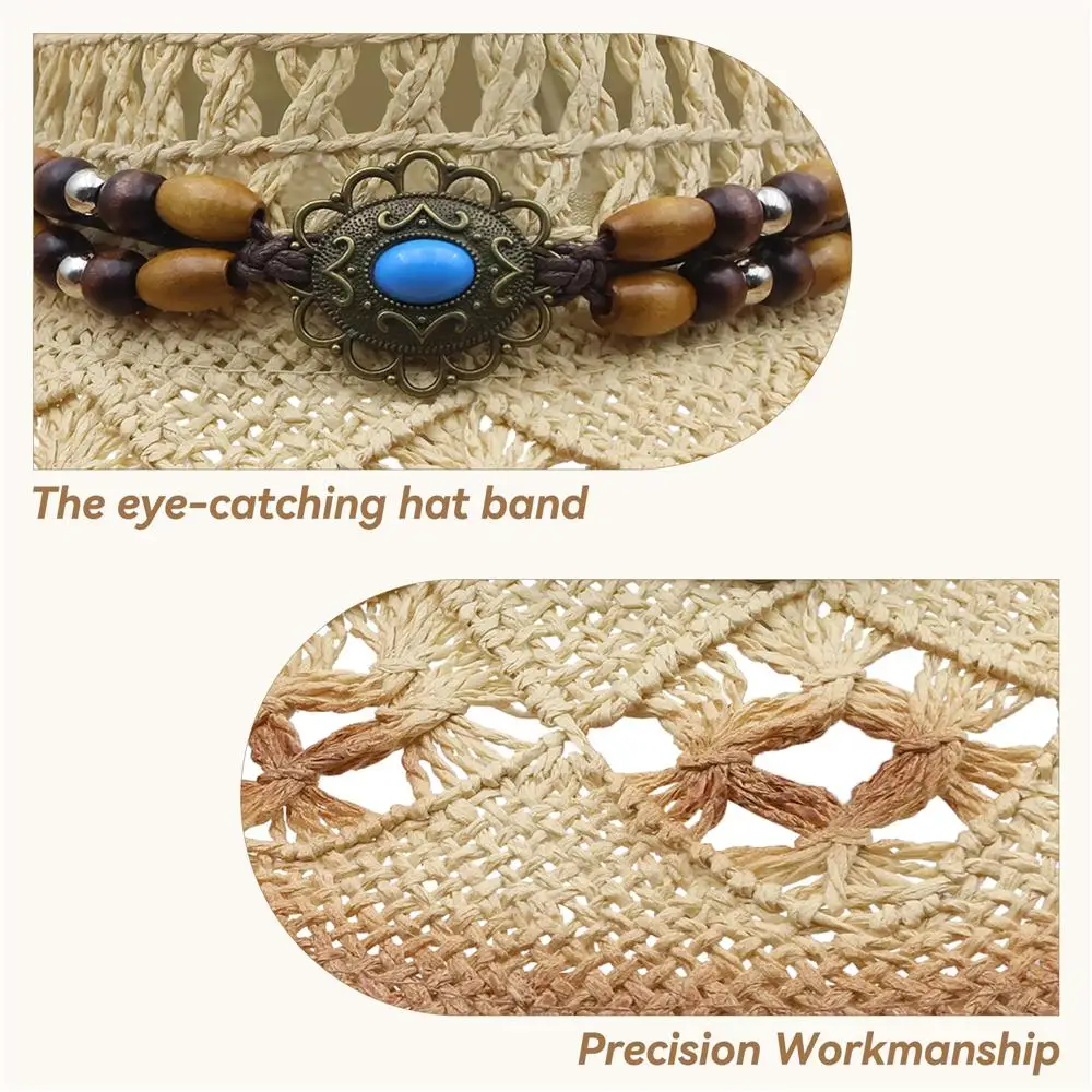 قبعة رعاة البقر على الطراز العرقي مع عصابات زخرفية عتيقة ، قبعة راعية البقر الغربية في الهواء الطلق ، قبعة شمس للشاطئ بحافة واسعة للنساء والرجال