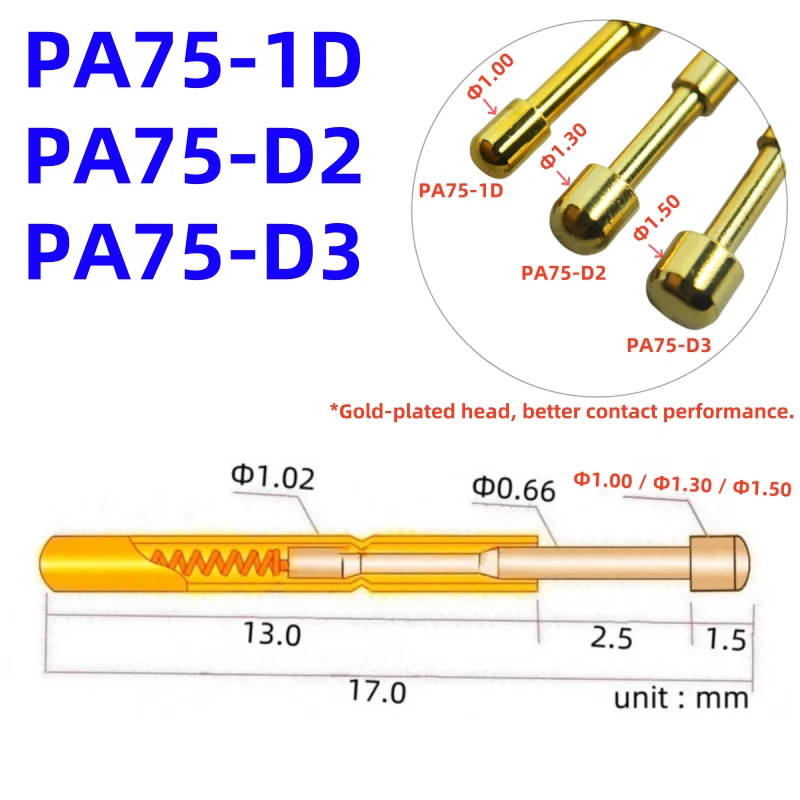 

PA75-D2/D3/1D Spring Test Probe P75-D2/D3/1D PCB Test Pin Test Tool 17mm1.02mm Gold Needle Round Tip 1.0/1.3/1.5mm PogoPin P75-D