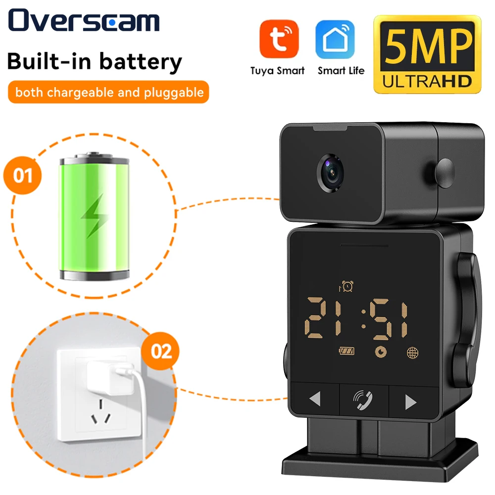 

Tuya SmartLife 5MP Robot Shape Cartoon WiFi Long Battery Life Night Vision Remote Control View Record Security MINI Clock Camera
