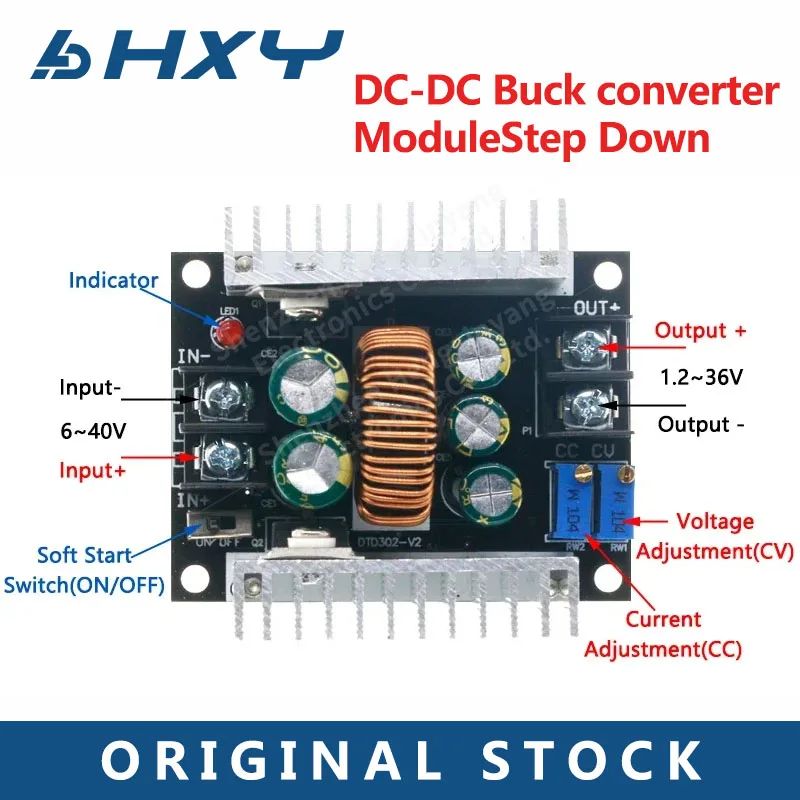 hxy-1PCS 300W 20A Przetwornica DC-DC Buck Konwerter Prądu Stałego Sterownik LED Moduł Obniżający Napięcie Kondensator Elektrolityczny