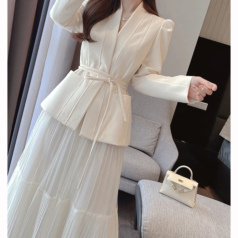 2023 New Spring Autumn Women Skirt Suit Elegant Korean Lace-Up Fashion Blazer + Long Mesh Skirt Casual Evening Party 2-Piece Set