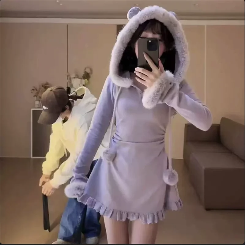 Lolita Girl orlo in pizzo pelliccia con cappuccio viola una linea mini abito da donna di grandi dimensioni nuova primavera autunno manica lunga moda abito corto sottile