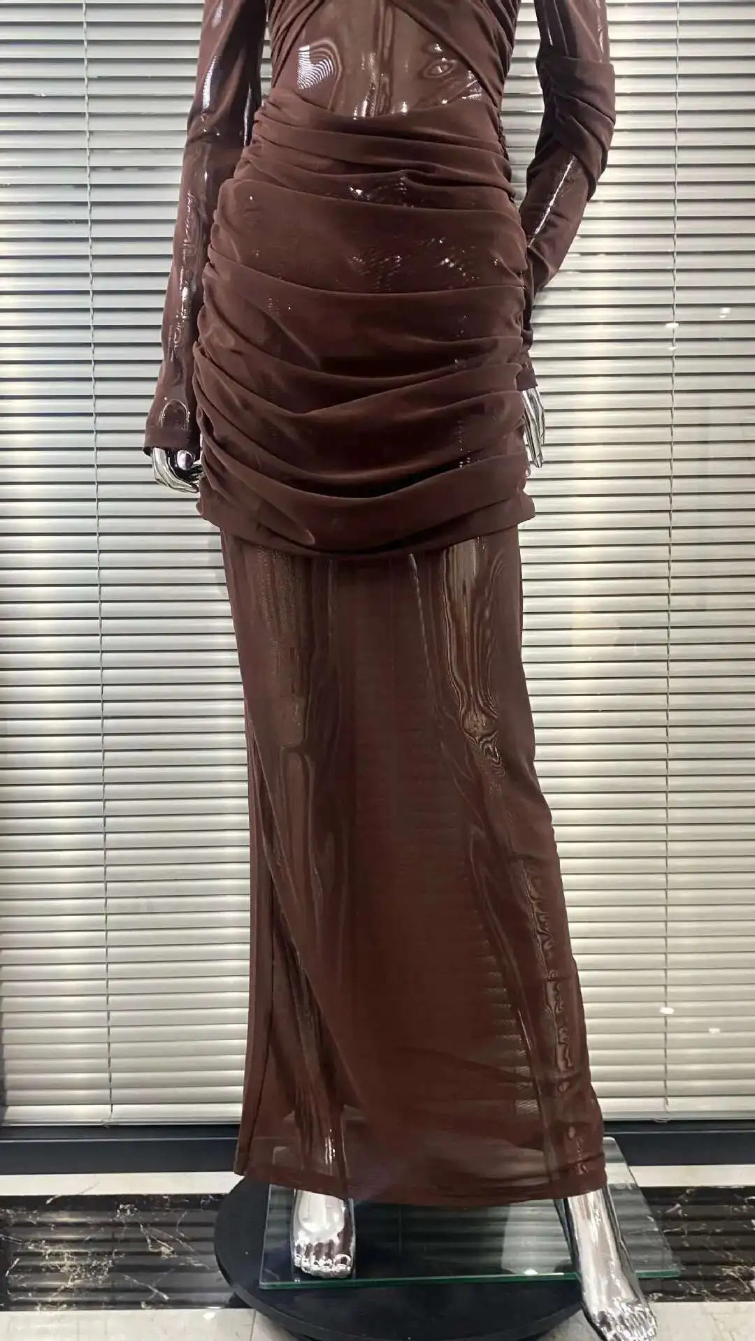 LEOSOXS 2025 ชุดฤดูใบไม้ผลิฤดูร้อนใหม่ Elegant Patchwork แขนยาว Slim Party Dress ผู้หญิงแฟชั่น Double Layer Sheer Dress