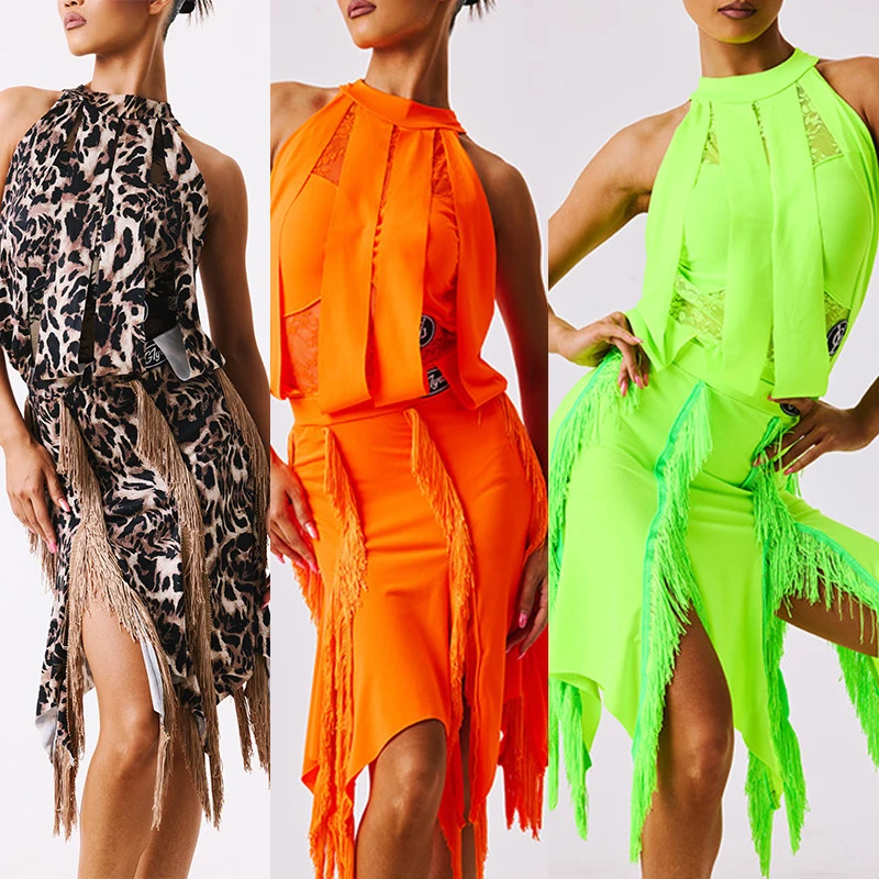 

Adults Chacha Latin Dance Clothing Women'S Latin Dance Competition Costumes Bright Colors Latin Top Fringed Skirts SL14838