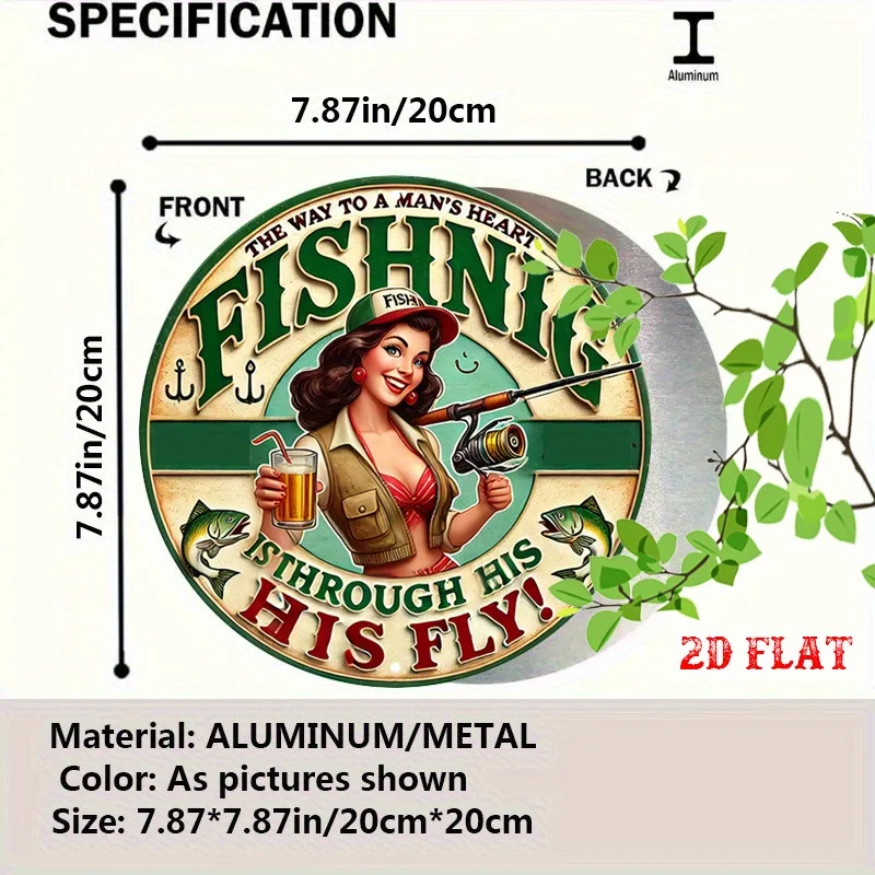 2D Flat - Round Aluminum Sign Featuring a 2D Flat Design with a Fishing Theme, Styled in a Retro Manner.This Metal Sign Embodies