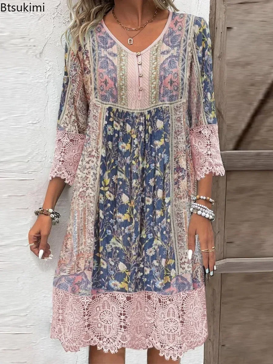 

New 2025 Women's Trendy Lace Splice Floral Print Dresses Summer V Neck 3/4 Sleeves Bohemian Vintage Midi Dress Vacation Vestidos