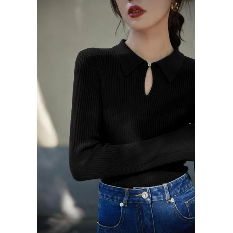 Solid Color Commuter Polo Collar Knitted Basics Women's Autumn New French Style Temperament Hollow Out Niche Sweater Pullover