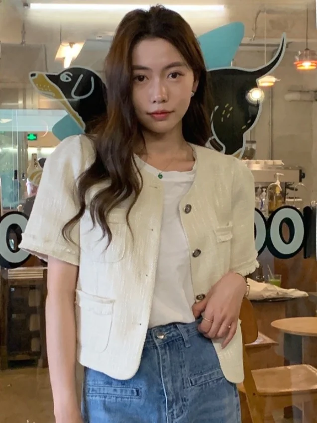 Chic été vintage petit parfum Sle bouton rond Multi ket effiloché ort Sve Jaet pour femme polyvalent mince Ma...