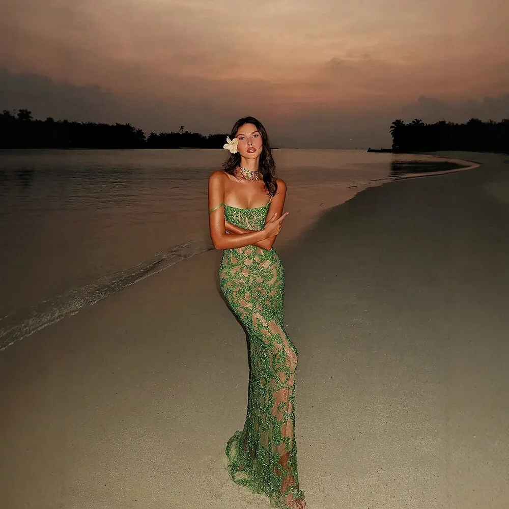 XXOWENLI Green Lace Sequin Dress V Neck Mesh Spaghetti Strap Sheer Mesh Bodycon Mermaid Gown Hot Girl Sexy Beachwear Vacation