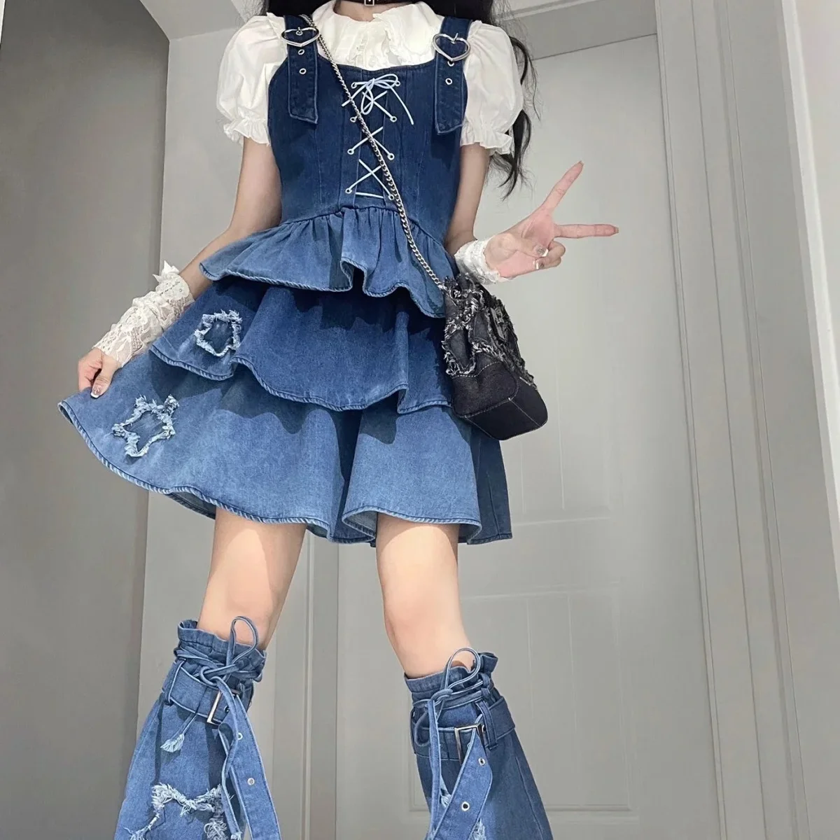 Fashion White Lace Puff Sleeve Shirt Bandage Pleated Denim Suspender Dress Women Y2k 2024 Sweet Lolita Dress Suit Plus Size