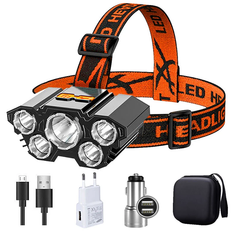 ZK30 USB Rechargeable Headlamp Portable 5LED Headlight Built in Battery Torch Portable Working Light Fishing Camping Head Light