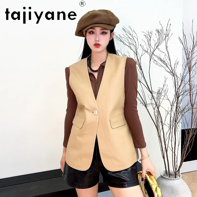 TAJIYANE Sheepskin Genuine Leather Jacket Woman Sleeveless Leather Vest V-neck One Button Gilet Slim Fit Veste Femme Solid 자켓
