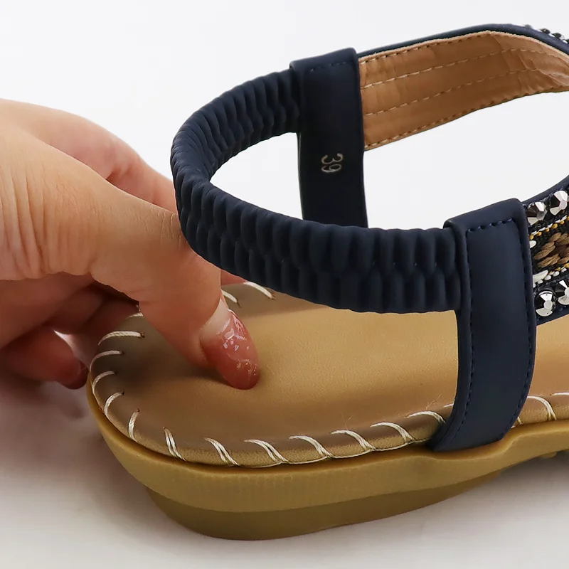 Bohemian Summer Women's Sandals 2023 Rhinestone Flower Printed Beach Shoes Ladies Holidays Fashion Soft Gladiator Sandals Female