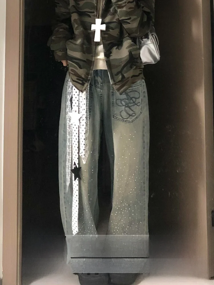 Cintura alta bordado diamante fla Thiened perna reta jeans feminino outono inverno novo sle americano sle zíper closu...