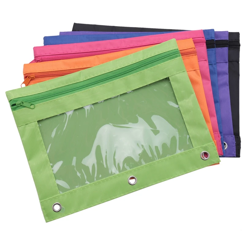 6 Pieces Ring Binder Pouch Pencil Bag With Holes 3-Ring Zipper Pouches With Clear Window (6 Colors)