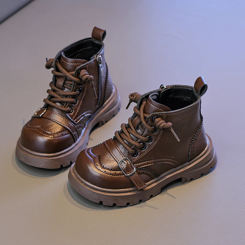Little Girls Platform Cotton Boots Retro Black Brown Children's Ankle Boots Round-toe Outdoor School Kids Fashion Plush Boots