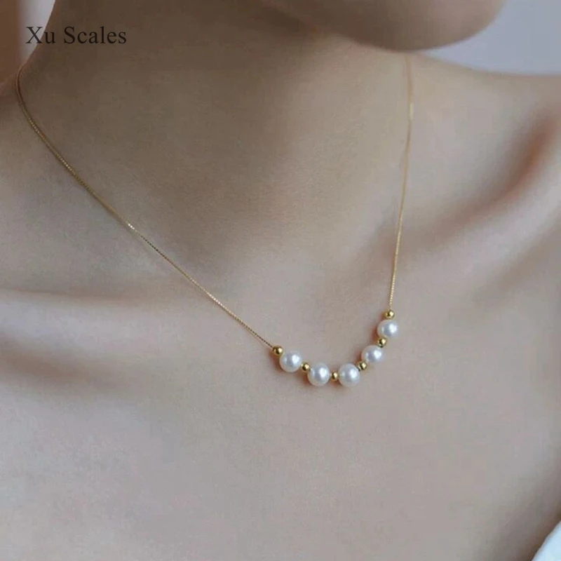 Natural Freshwater White AKOYA Pearl Smile Chain Advanced Design Ins Style S925 Sterling Silver Necklace Universal Adjustment