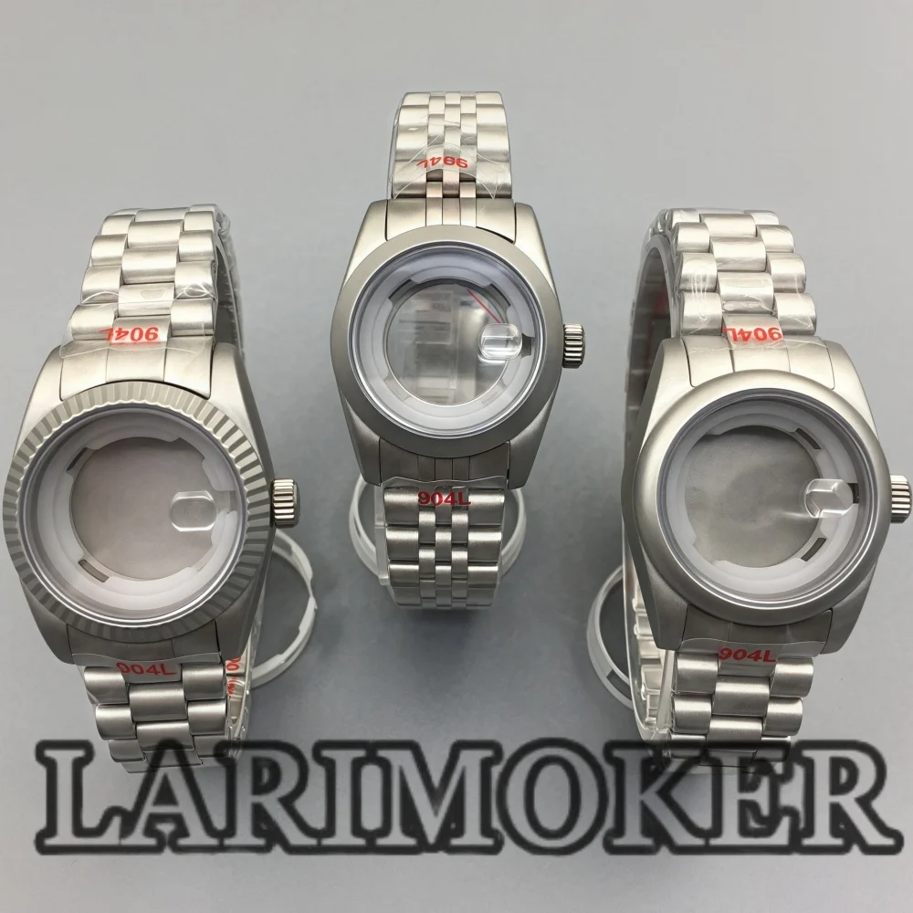 LARIMOKER 31 مللي متر علبة فضية غير لامعة من الفولاذ المقاوم للصدأ مع حزام مستدير مصقول مزمر زجاج الياقوت لحركة NH05 NH06