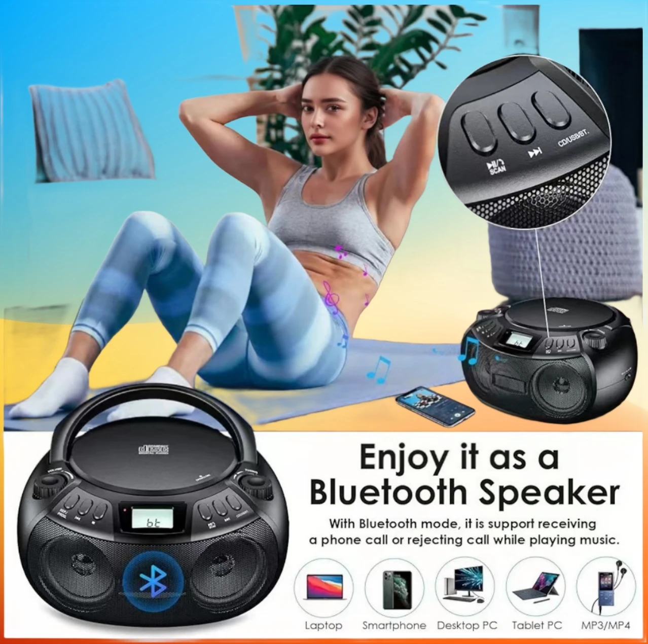 CD Player Portable Boombox with Bluetooth AM/FM Radio USB Port Portable CD Player Stereo Sound Speaker MP3 Playback 3.5mm AUX In