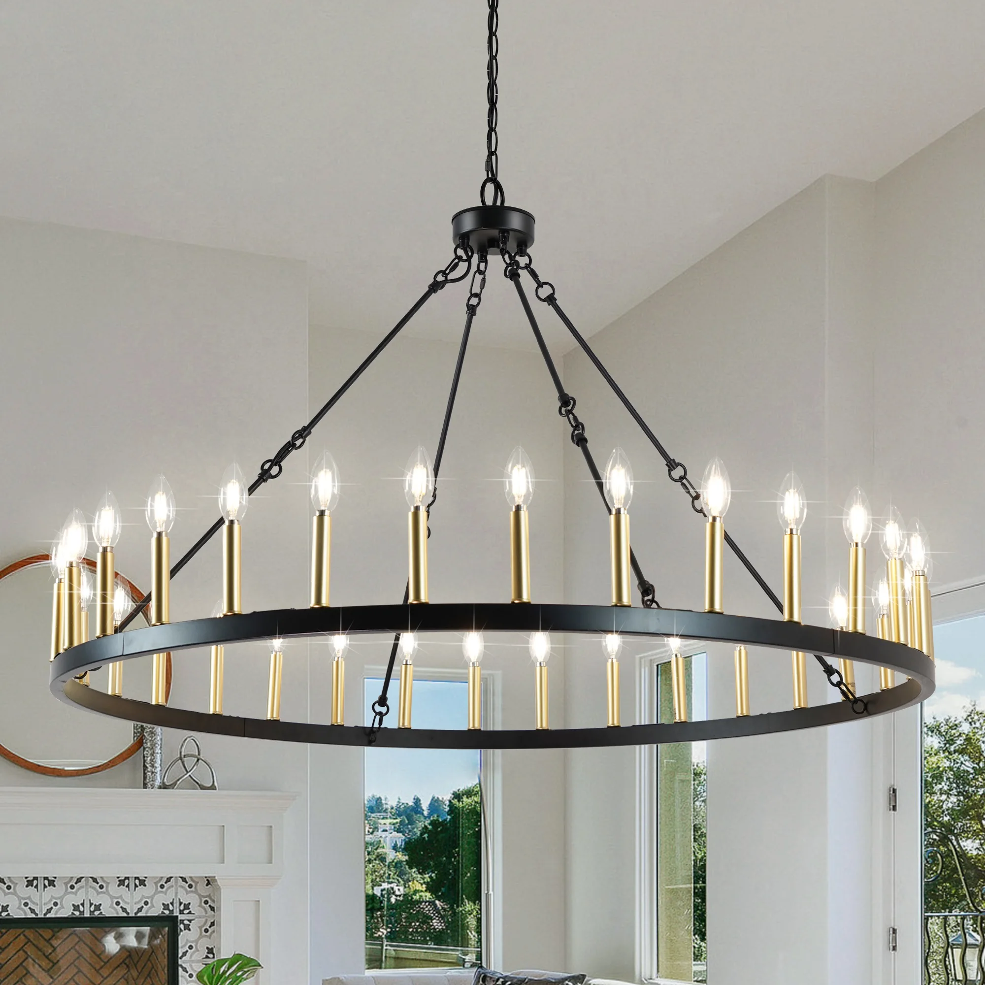 47 Inch Wagon Wheel Chandelier Gold Tiered Chandelier for Foyer Height Adjustable Large Chandelier for High Ceilings