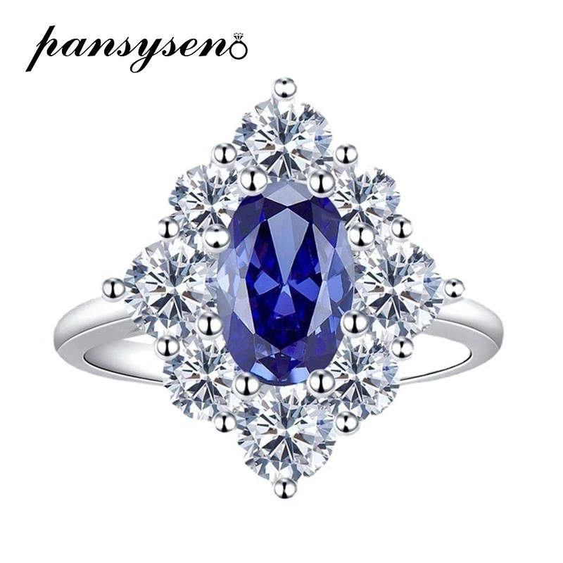 PANSYSEN 100% 925 Sterlings Silver 6*9MM Oval Cut Lab Sapphire Gemstone Rings for Women Cocktail Party Fine Jewelry Wholesale