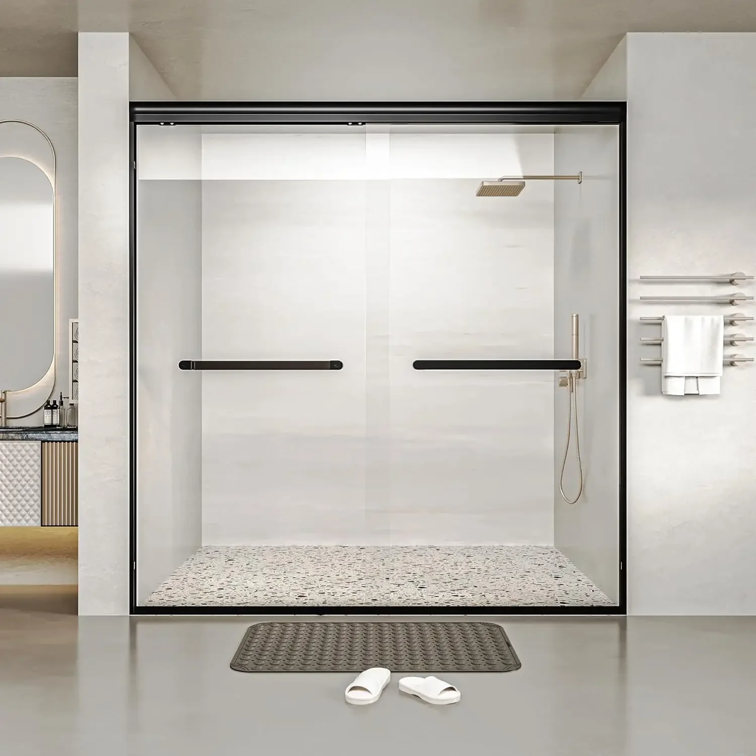 

56-60x60 Inch Semi-Frameless Double Sliding Shower Door with Anti-Rust SGCC Steel Frame,1/4 Inch (6mm) Clear Tempered Glass for