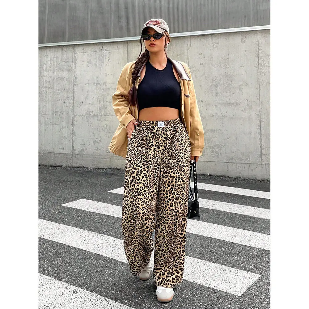 Women Spring Cargo Pants Leopard Print Casual Loose Fit Trousers Straight Leg High Waist Comfortable Fashion Streetwear