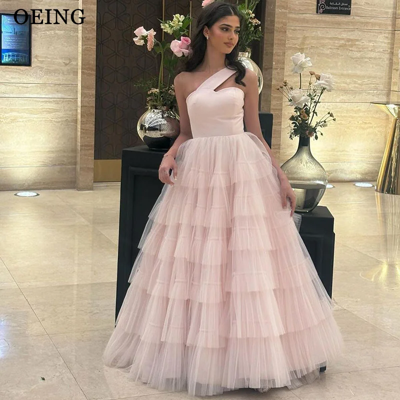 

OEING A-Line Light Pink Prom Dress Elegant Strapless Tiered Party Gowns Pleats Floor-Length Soft Tulle Dress Customized