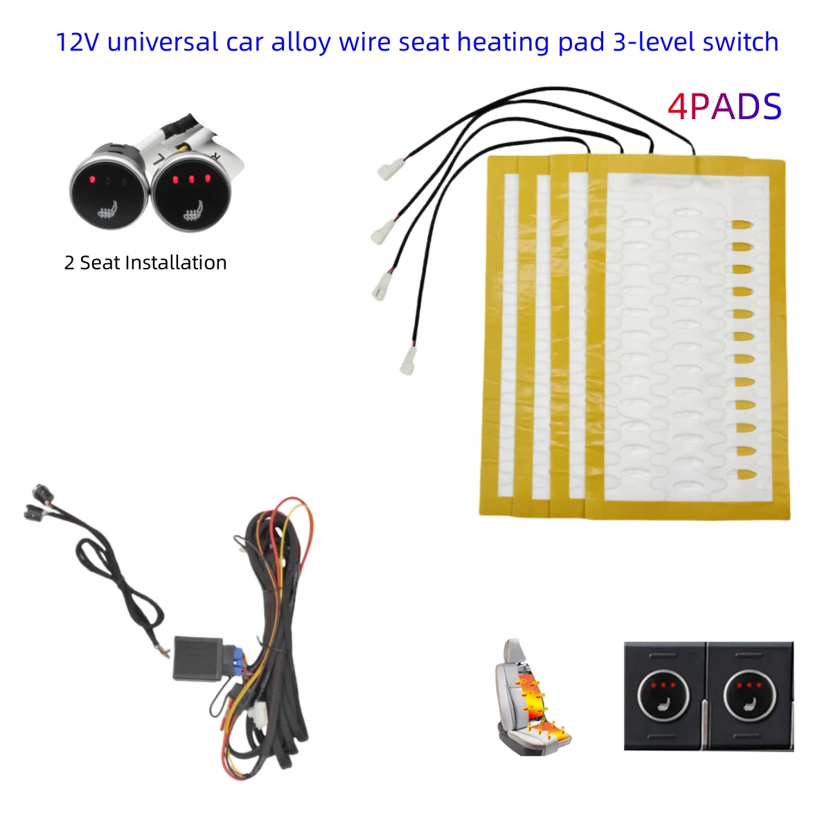 Universal Built-In Car Seat Heater Kit Fit 2 Seats 12V Alloy Wire Heating Pads 3 Levels Dual Control Heated Switch System