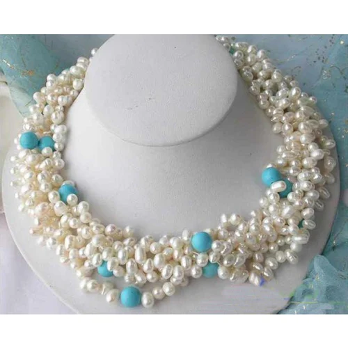 

Top Quality Baroque Pearl Jewelry 5Rows 18'' White Rice Freshwater Pearl Turquoise Necklace Fashion Jewelry Charming Women Gift