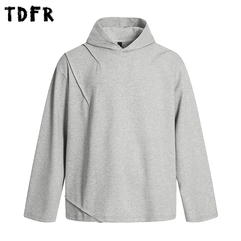 Pleated Hooded Sweatshirts Mens Solid Color Autumn Simple Casual Streetwear Loose Long Sleeve Hoodies Men
