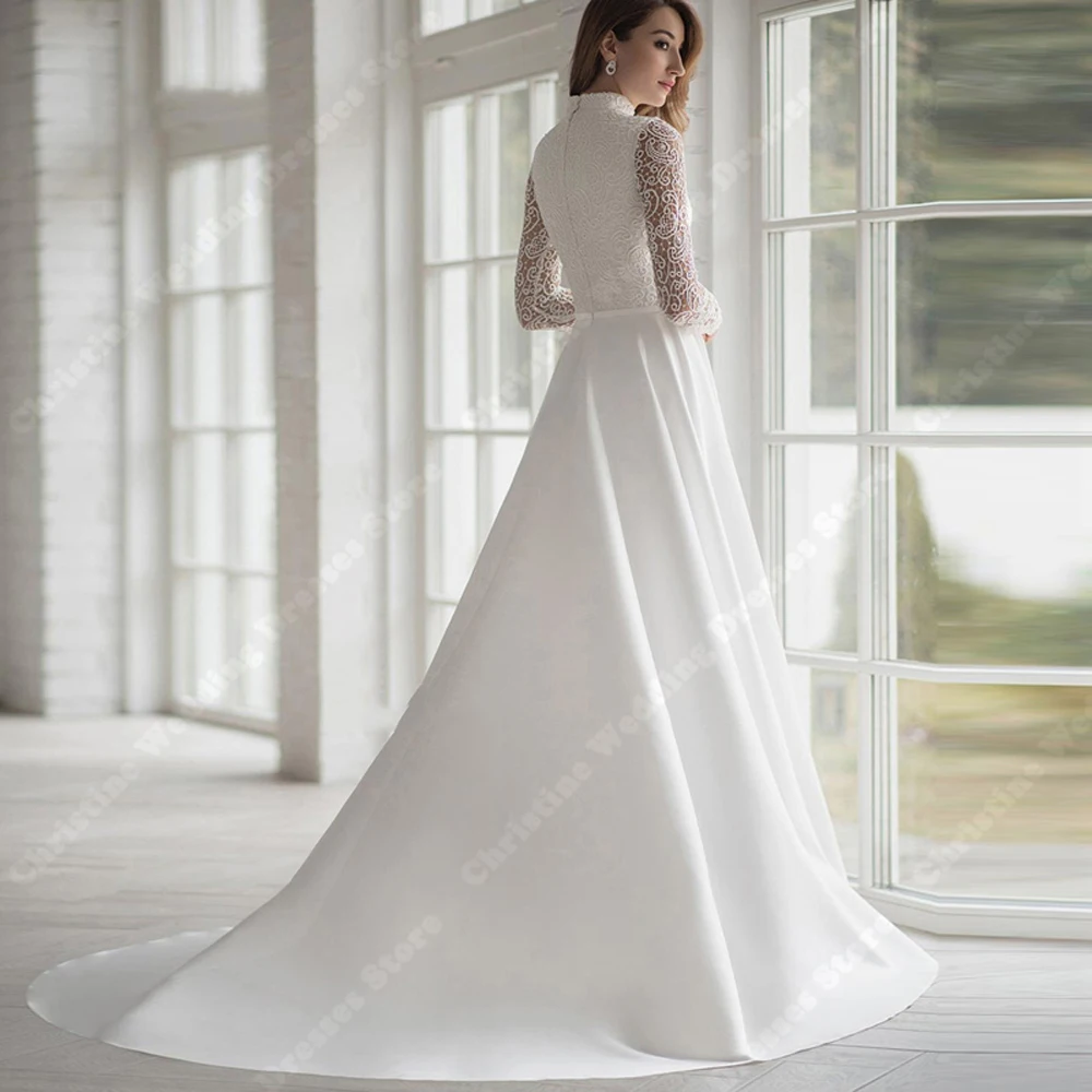 High Collar Women Wedding Dresses Elegant Long Sleeves A-Line Bridal Gowns Mopping Length Engagement Ball Bridal Robe Customized