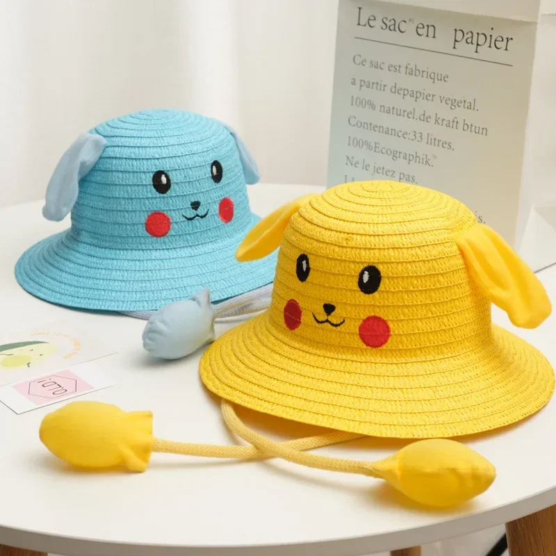 Pokemon Pikachu 2021 New Head Circumference 52-54cm Children\'s Hat Ears Will Move Rabbit Hat Boys and Girls Straw Stands Sun Hat