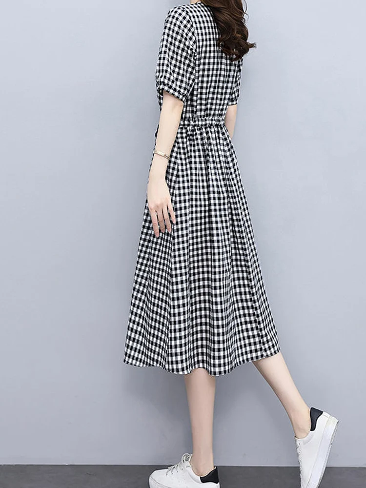 Elegance Office Lattice Lacing Patchwork A-line Skirt New Summer Classic Short Sleeve Round Neck Slim Korean Pleated Midi Dress