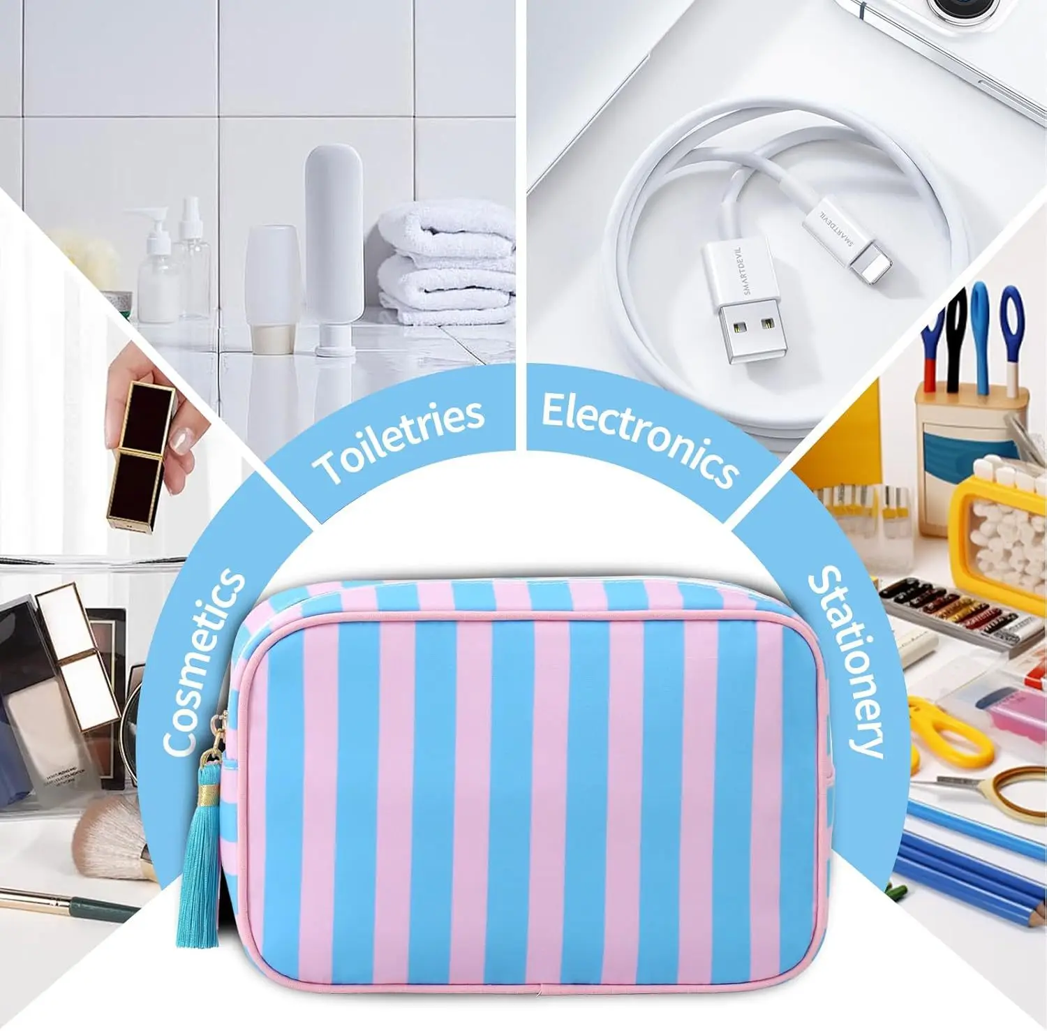 Große gestreifte tragbare Kosmetiktasche für Damen, Make-up-Tasche mit Quasten und Reißverschluss, große Kapazität, lässige Tragetasche mit Reißverschluss – Detail 9